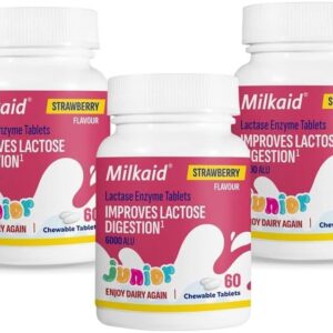 3 x Milkaid Junior Lactase Enzyme Chewable Tablets for Lactose Intolerance Relief | Prevents Gas, Bloating & Diarrhoea | Fast Acting Dairy Digestive Supplement | Gluten Free & Vegan | 180 Tablets